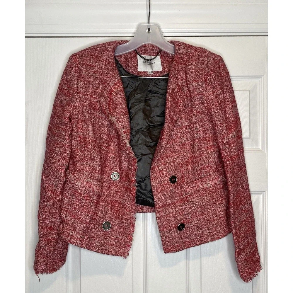 LK Bennett Women's Tweed Blazer Jacket Pink White 4